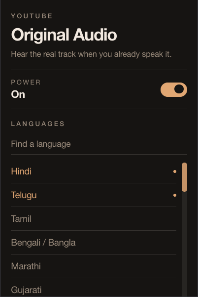 Extension popup with language search and preferred languages selected